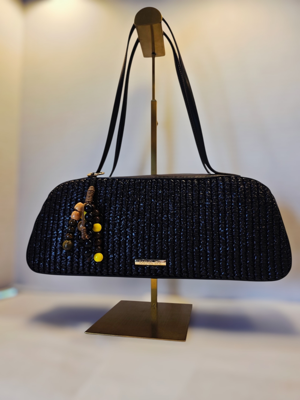 Espresso Brown Rattan East-West Shoulder Bag with Bead Charm by Rachel Zoe NWT